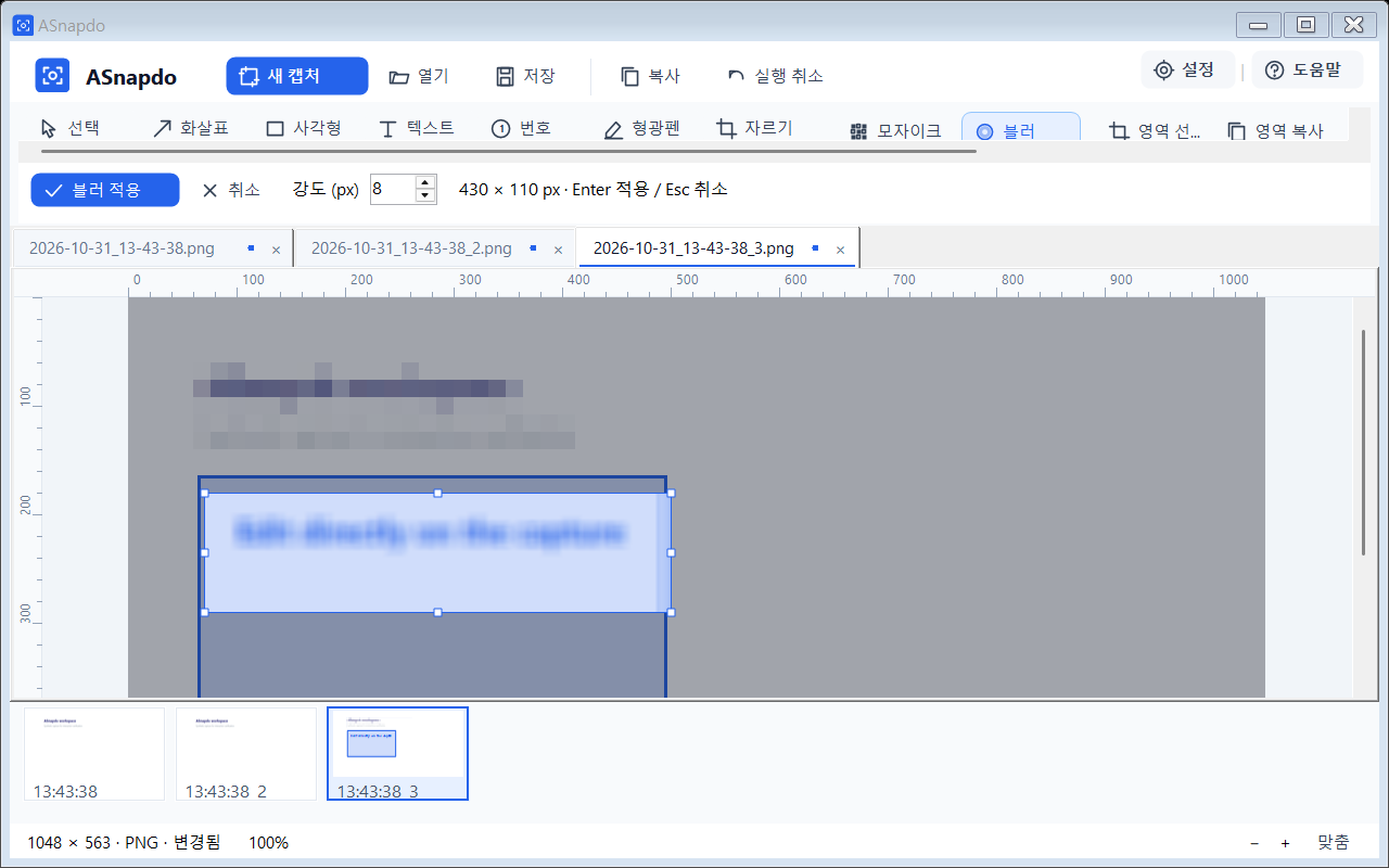 영역을 선택하고 강도 8로 블러 효과를 미리 보는 ASnapdo 실제 화면